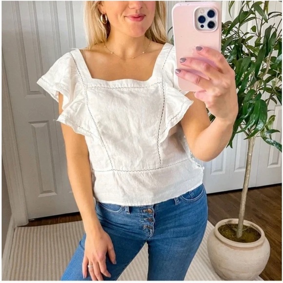 Faherty Mariposa Ruffle Linen Top in White Size  L NWT - Picture 1 of 7